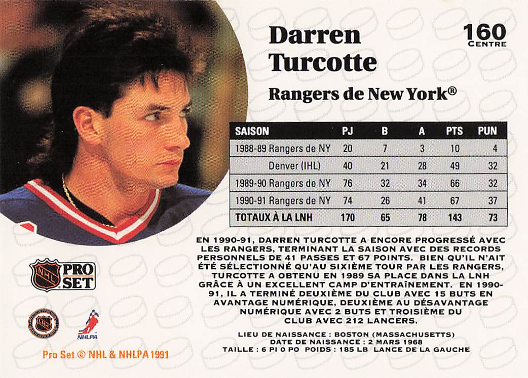 1991-92 Pro Set French Hockey Darren Turcotte #160