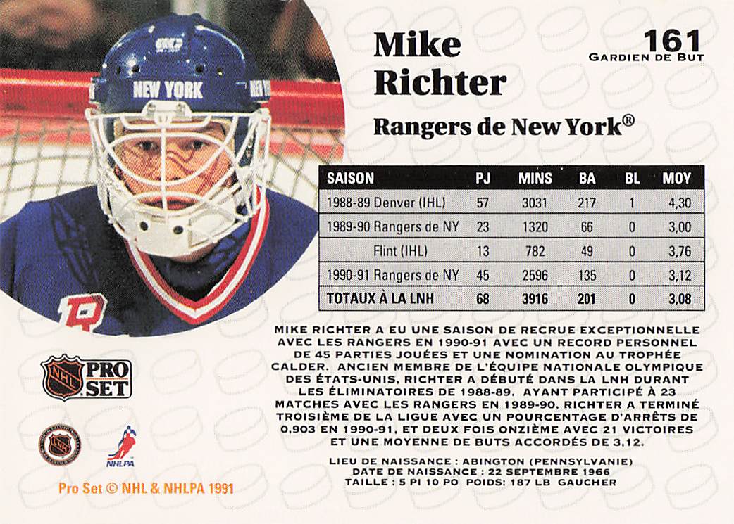 1991-92 Pro Set French Hockey Mike Richter #161