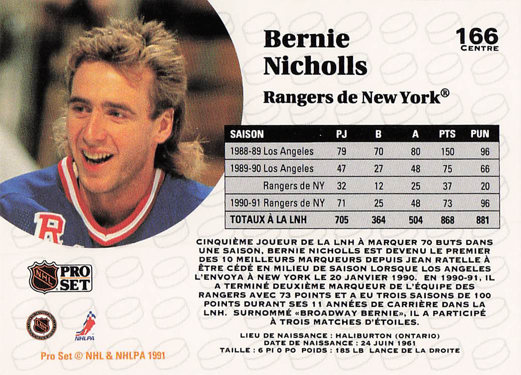 1991-92 Pro Set Hockey Bernie Nicholls #166