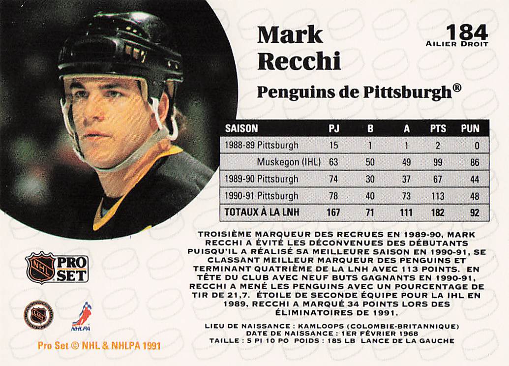 1991-92 Pro Set Hockey Mark Recchi #184