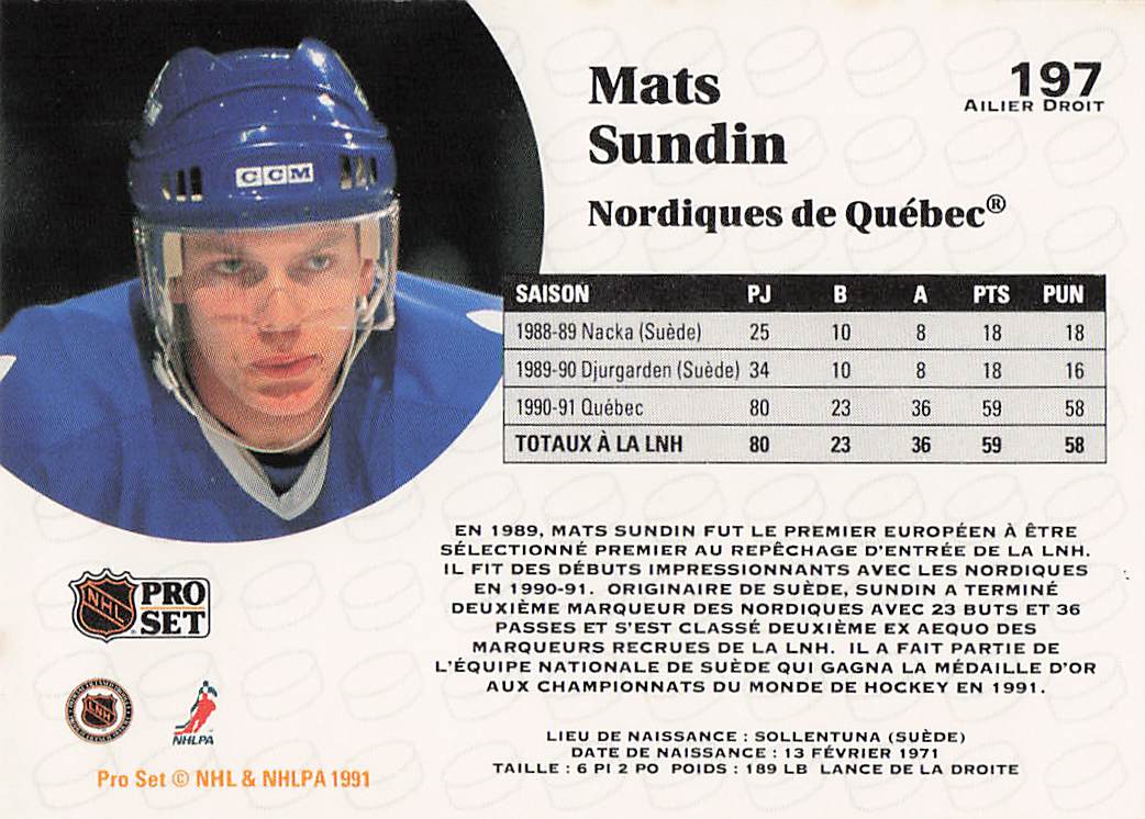 1991-92 Pro Set French Hockey Mats Sundin #197