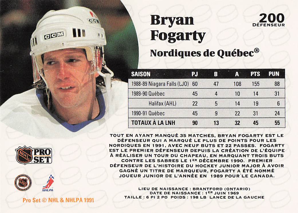 1991-92 Pro Set Hockey Bryan Fogarty #200