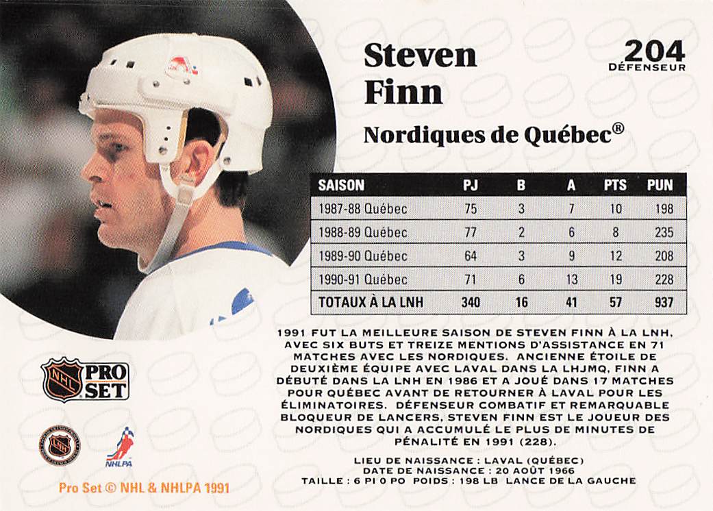 1991-92 Pro Set Hockey Steven Finn #204