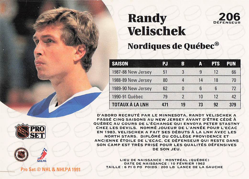 1991-92 Pro Set French Hockey Randy Velischek #206