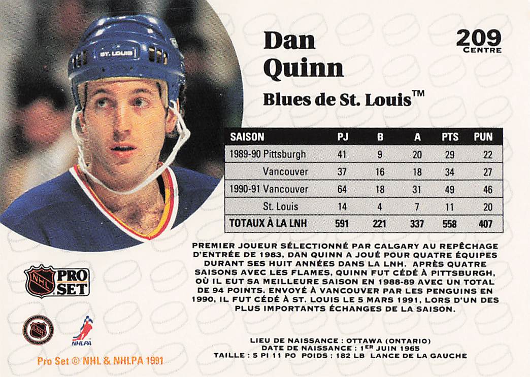 1991-92 Pro Set Hockey Dan Quinn #209