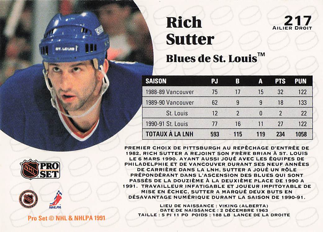 1991-92 Pro Set Hockey Rich Sutter #217