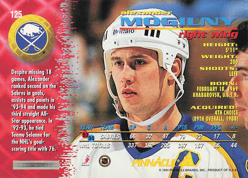 1994-95 Pinnacle Hockey Alexander Mogilny #125
