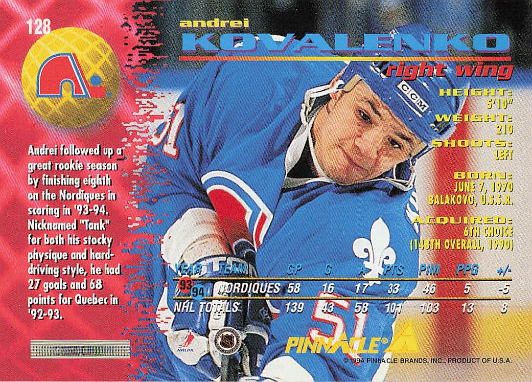 1994-95 Pinnacle Hockey Andrei Kovalenko #128