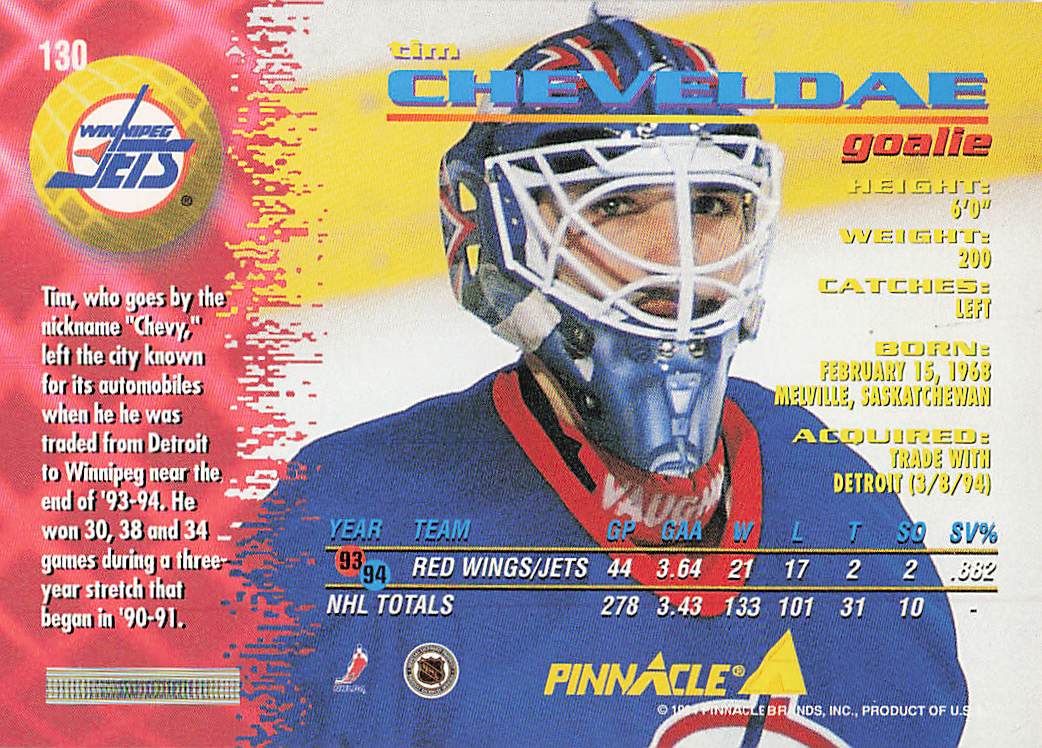 1994-95 Pinnacle Hockey Tim Cheveldae #130
