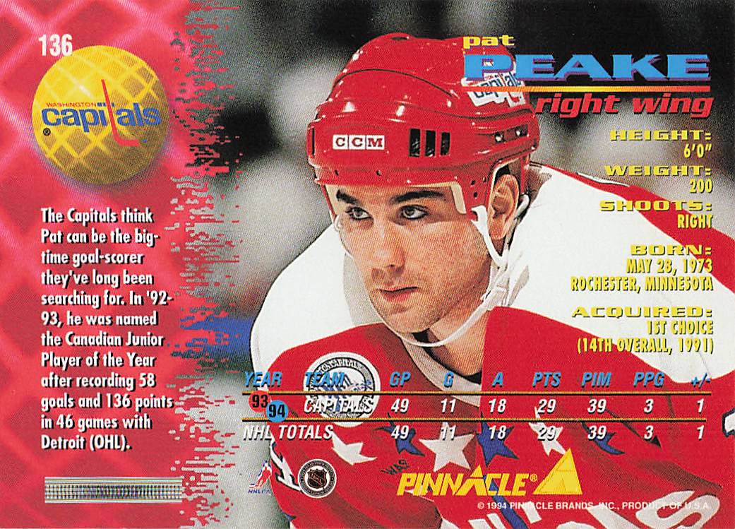 1994-95 Pinnacle Hockey Pat Peake #136