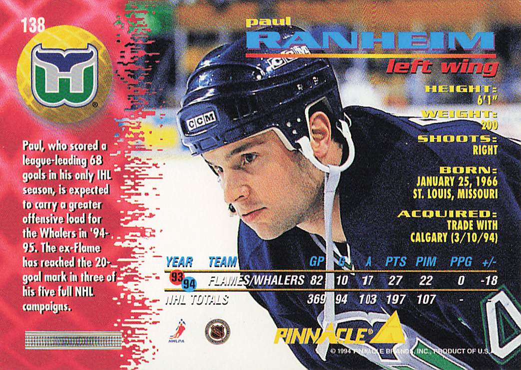 1994-95 Pinnacle Hockey Paul Ranheim #138