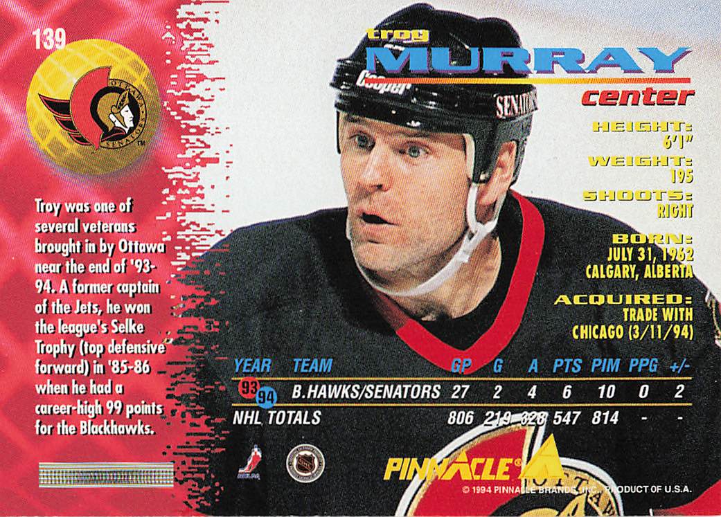 1994-95 Pinnacle Hockey Troy Murray #139