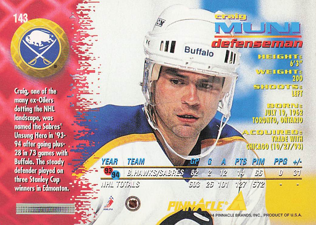 1994-95 Pinnacle Hockey Craig Muni #143