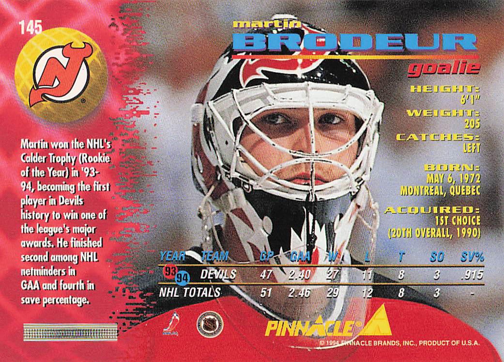 1994-95 Pinnacle Hockey Martin Brodeur #145