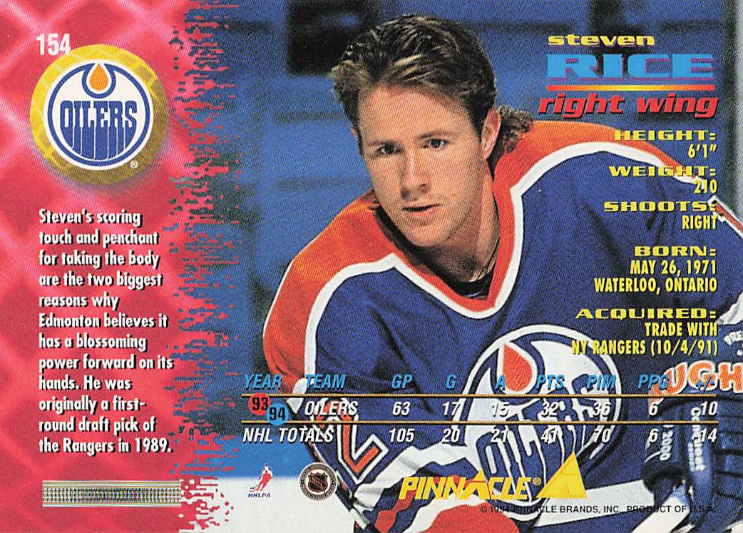 1994-95 Pinnacle Hockey Steven Rice #154