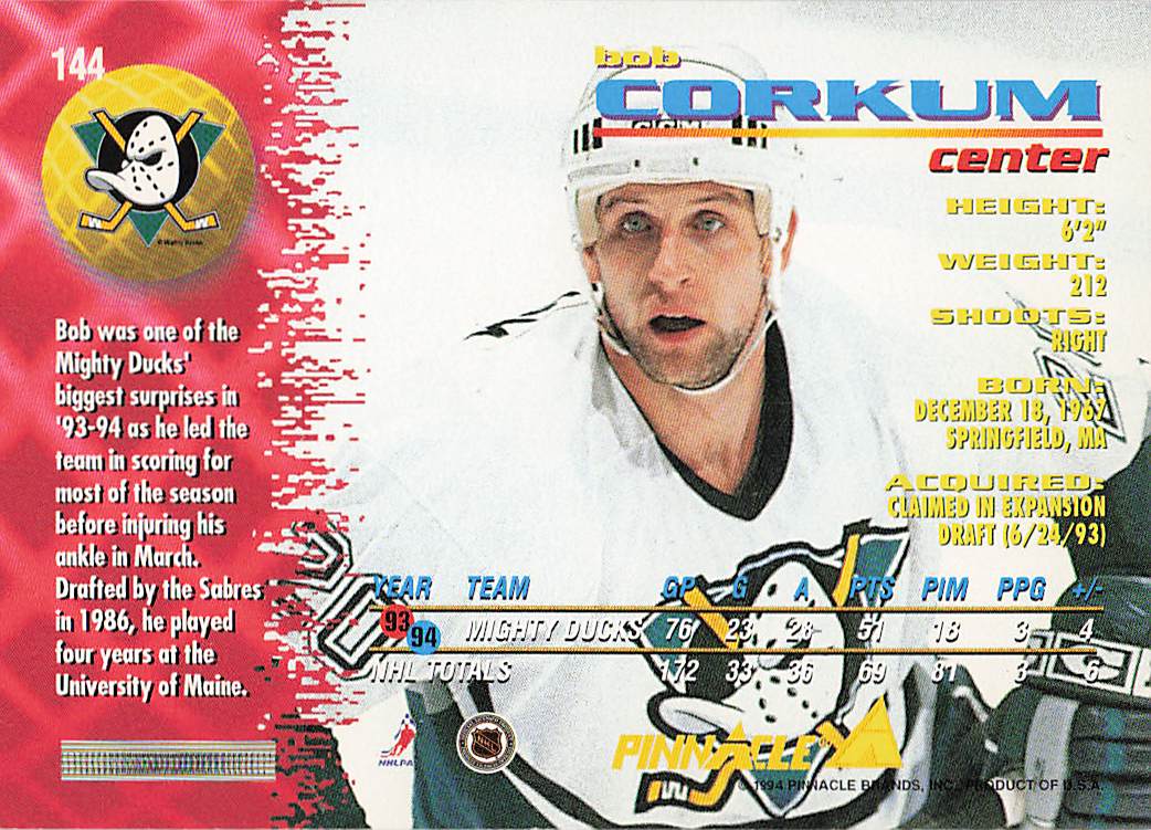 1994-95 Pinnacle Hockey Bob Corkum #144