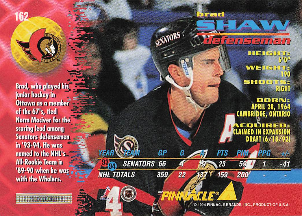 1994-95 Pinnacle Hockey Brad Shaw #162