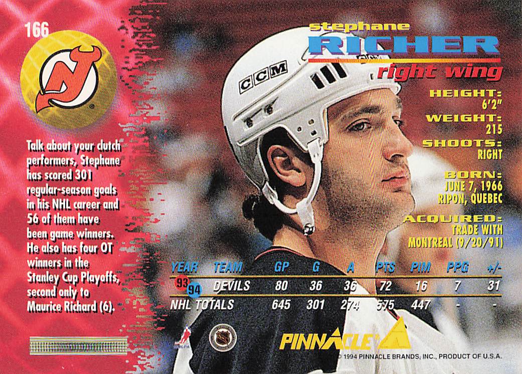 1994-95 Pinnacle Hockey Stephane Richer #166