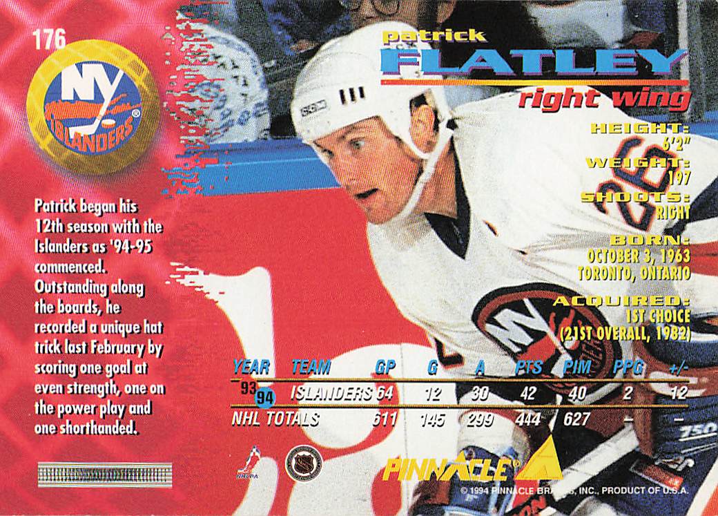 1994-95 Pinnacle Hockey Patrick Flatley #176