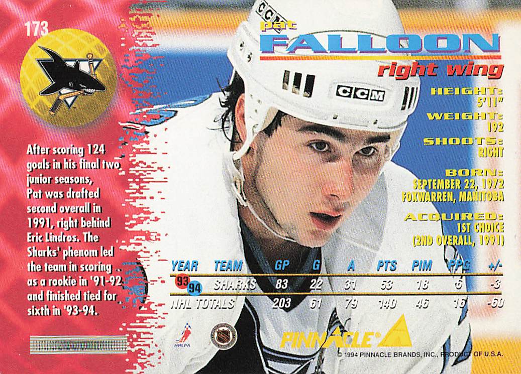 1994-95 Pinnacle Hockey Pat Falloon #173