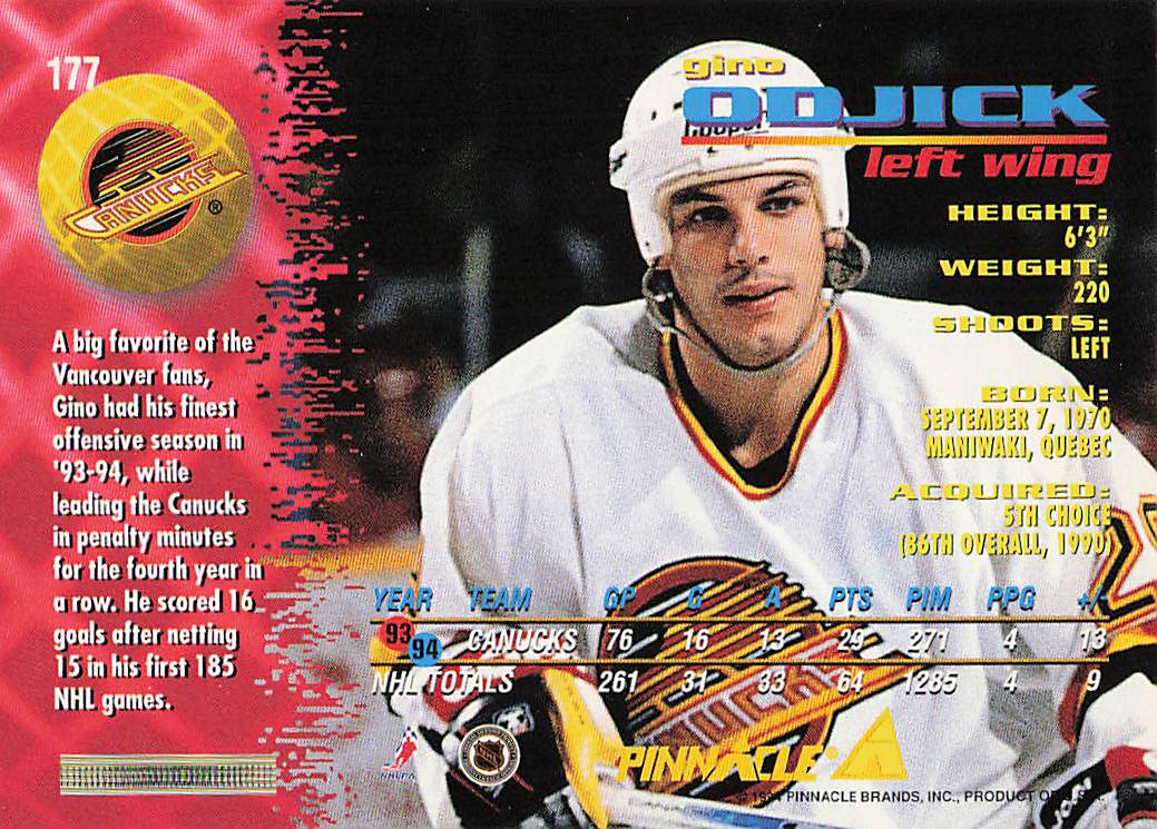 1994-95 Pinnacle Hockey Gino Odjick #177