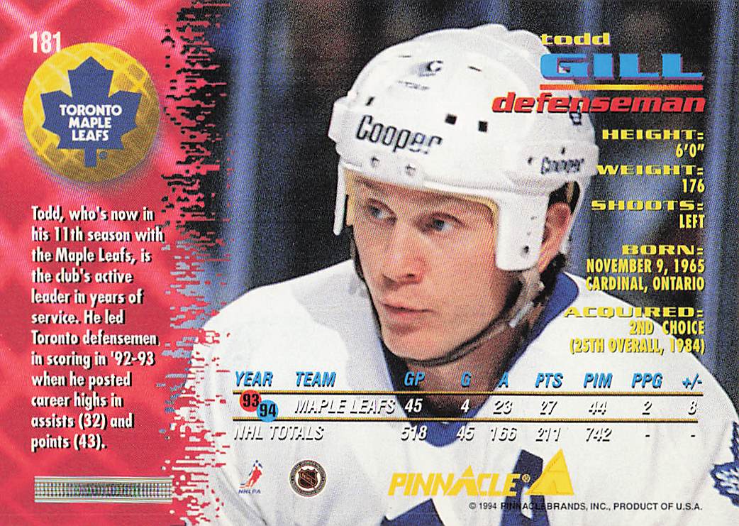 1994-95 Pinnacle Hockey Todd Gill #181