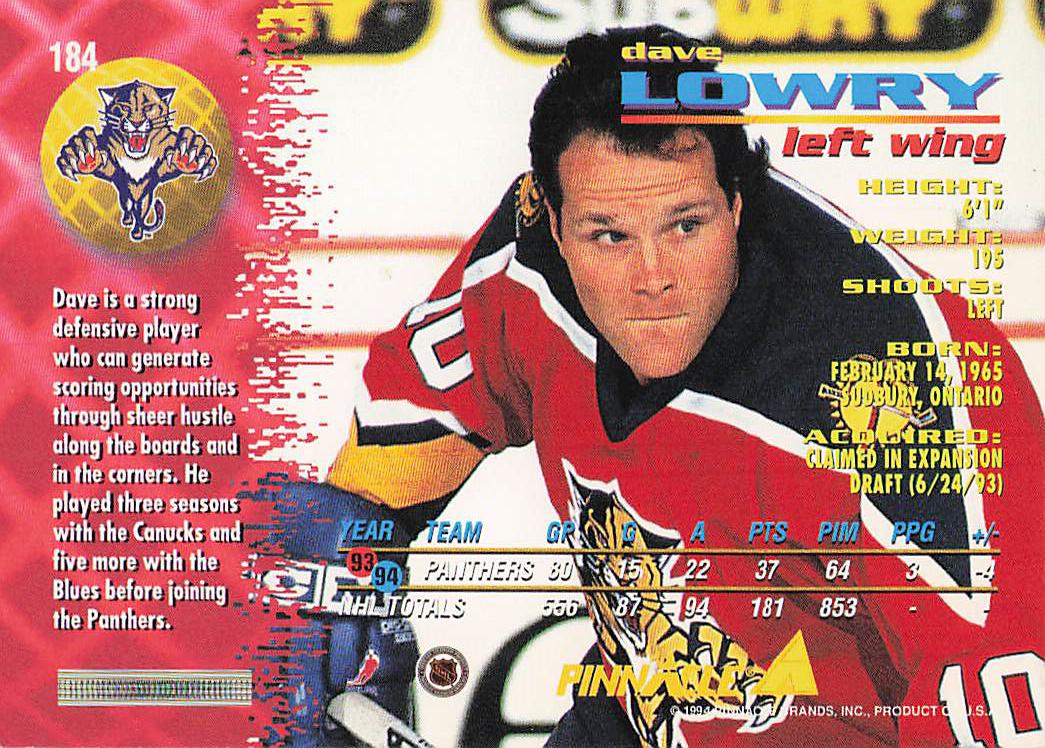 1994-95 Pinnacle Hockey Dave Lowry #184