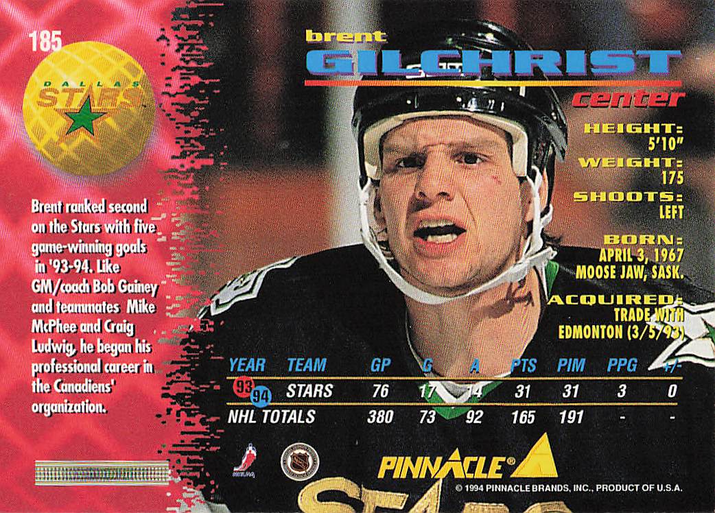 1994-95 Pinnacle Hockey Brent Gilchrist #185
