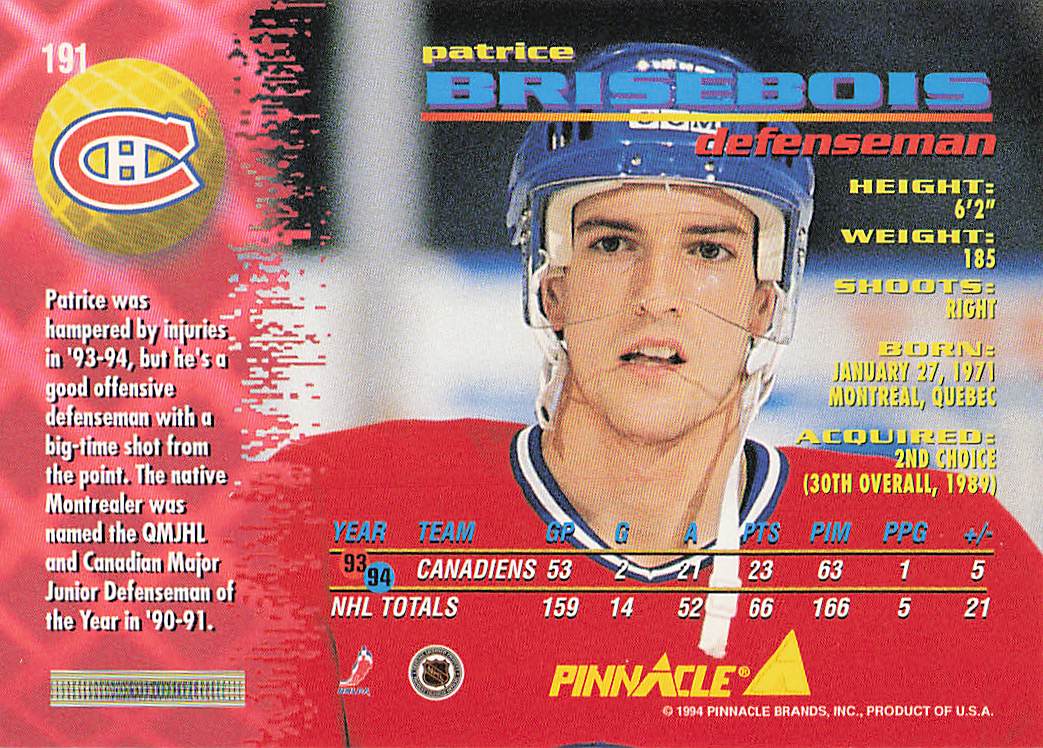 1994-95 Pinnacle Hockey Patrice Brisebois #191