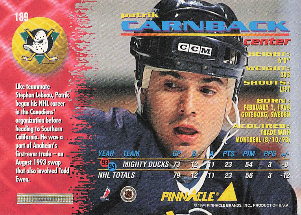 1994-95 Pinnacle Hockey Patrik Carnback #189