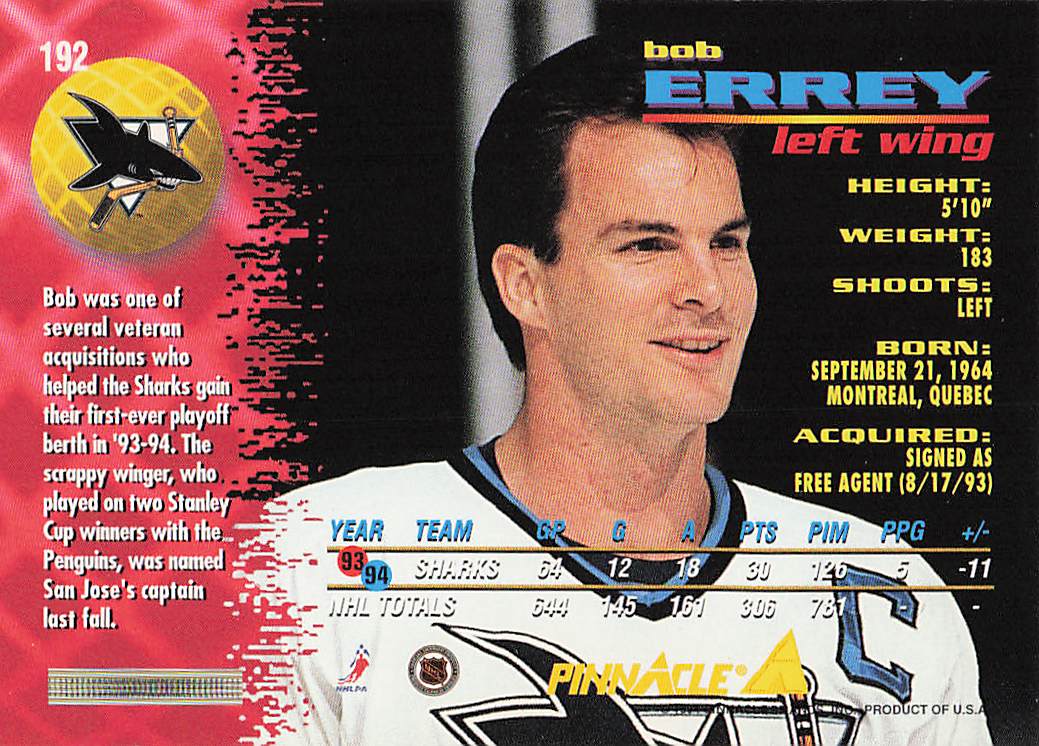 1994-95 Pinnacle Hockey Bob Errey #192