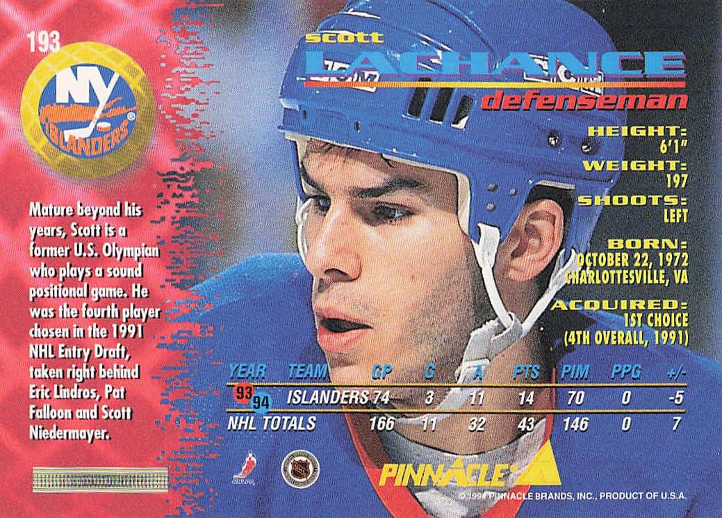 1994-95 Pinnacle Hockey Scott Lachance #193