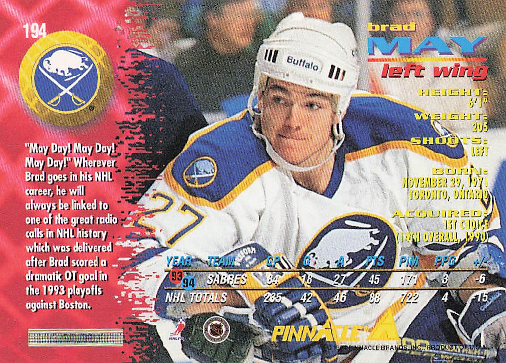 1994-95 Pinnacle Hockey Brad May #194
