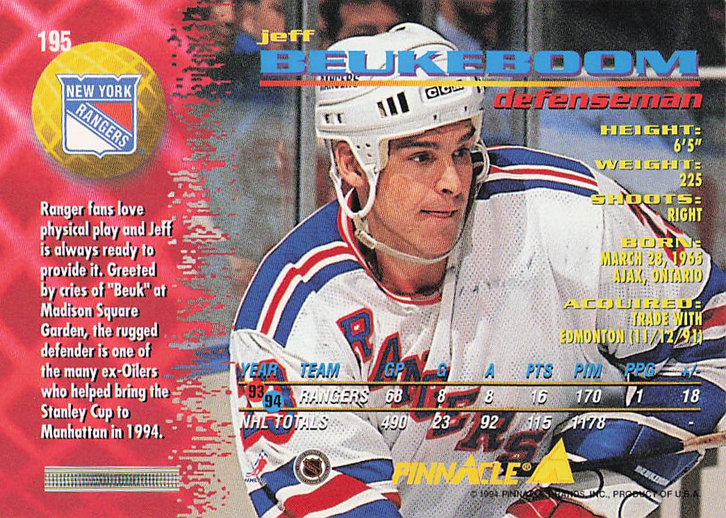 1994-95 Pinnacle Hockey Jeff Beukeboom #195