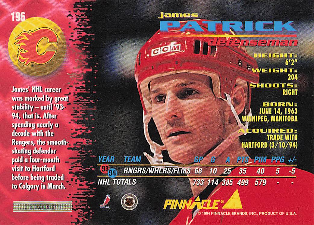 1994-95 Pinnacle Hockey James Patrick #196