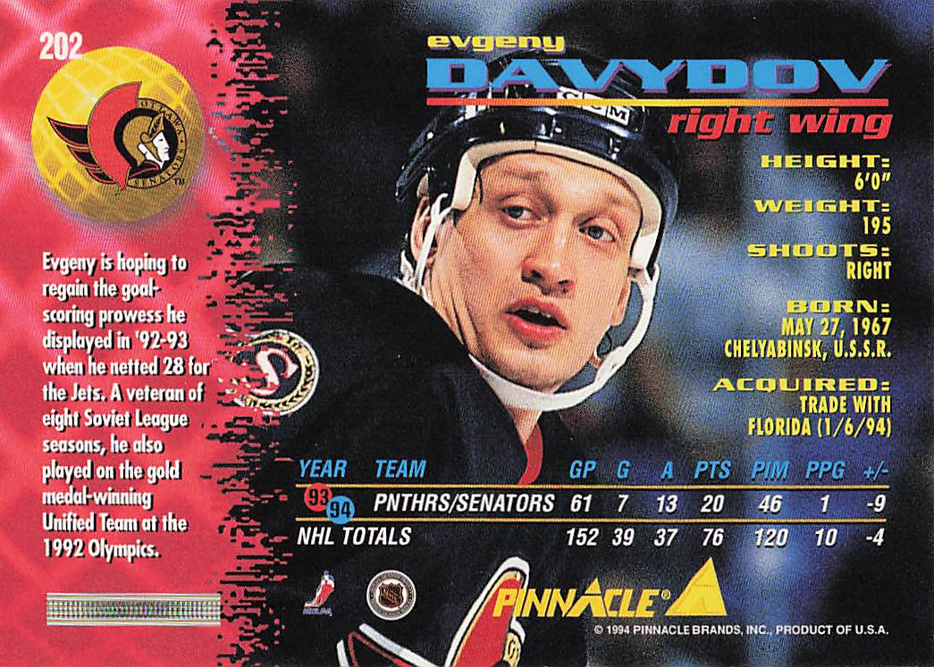 1994-95 Pinnacle Hockey Evgeny Davydov #202