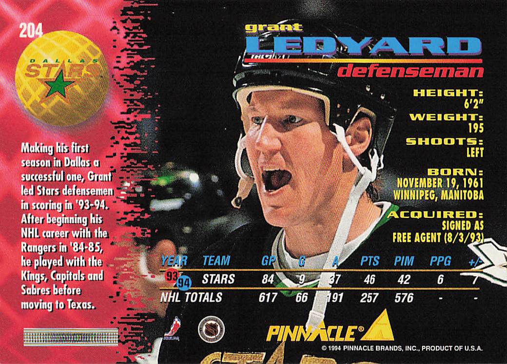 1994-95 Pinnacle Hockey Grant Ledyard #204