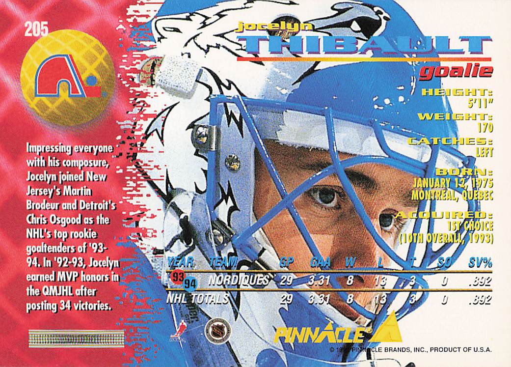 1994-95 Pinnacle Hockey Jocelyn Thibault #205