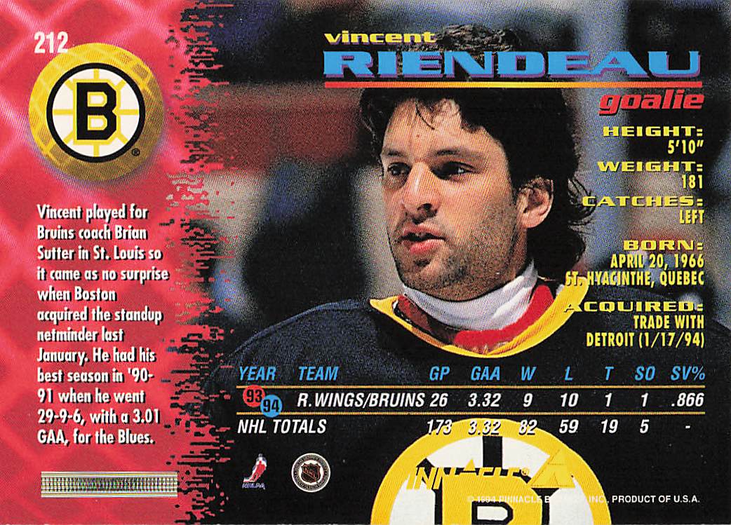 1994-95 Pinnacle Hockey Vincent Riendeau #212