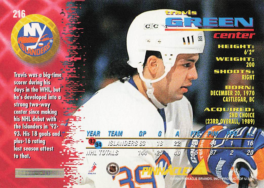 1994-95 Pinnacle Hockey Travis Green #216