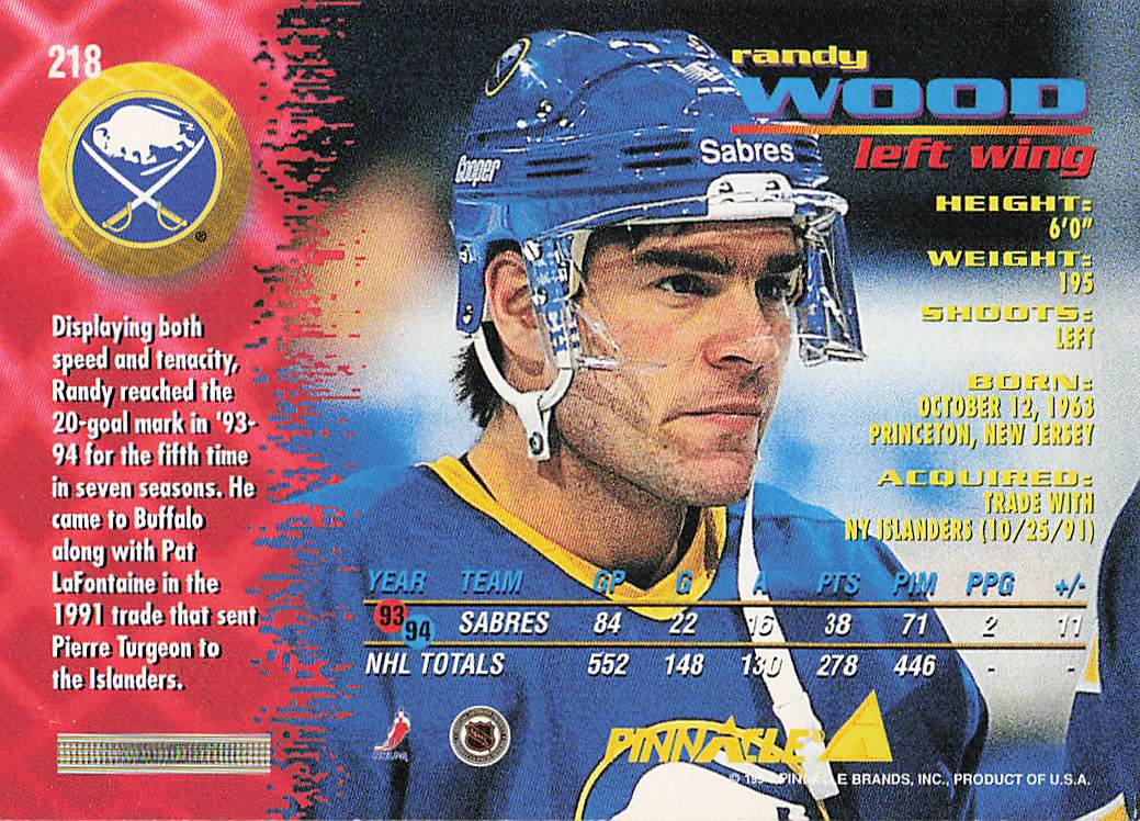 1994-95 Pinnacle Hockey Randy Wood #218