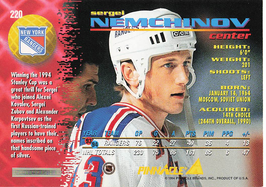 1994-95 Pinnacle Hockey Sergei Nemchinov #220