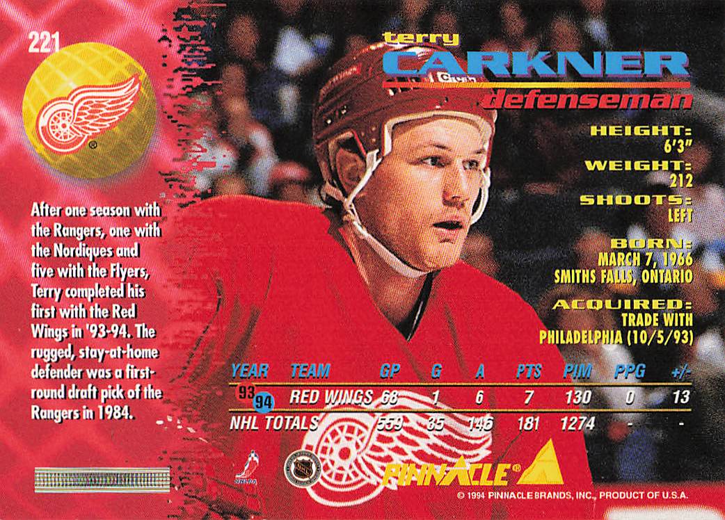 1994-95 Pinnacle Hockey Terry Carkner #221