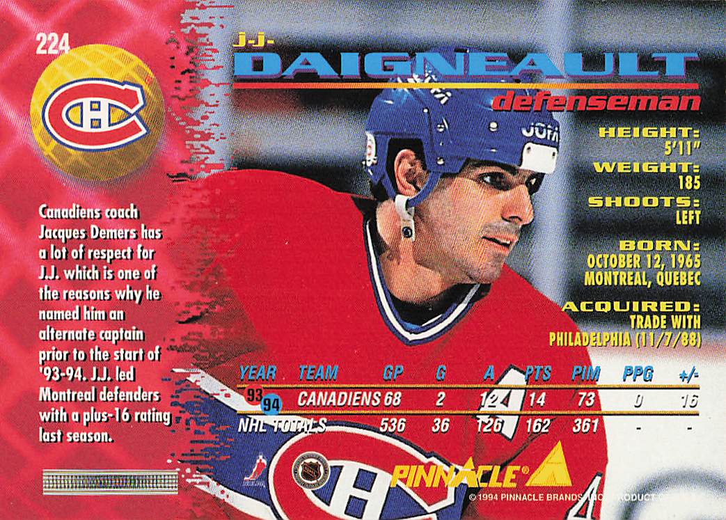 1994-95 Pinnacle Hockey J.J. Daigneault #224