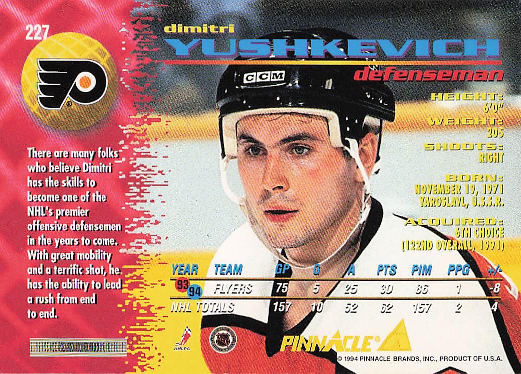 1994-95 Pinnacle Hockey Dimitri Yushkevich #227
