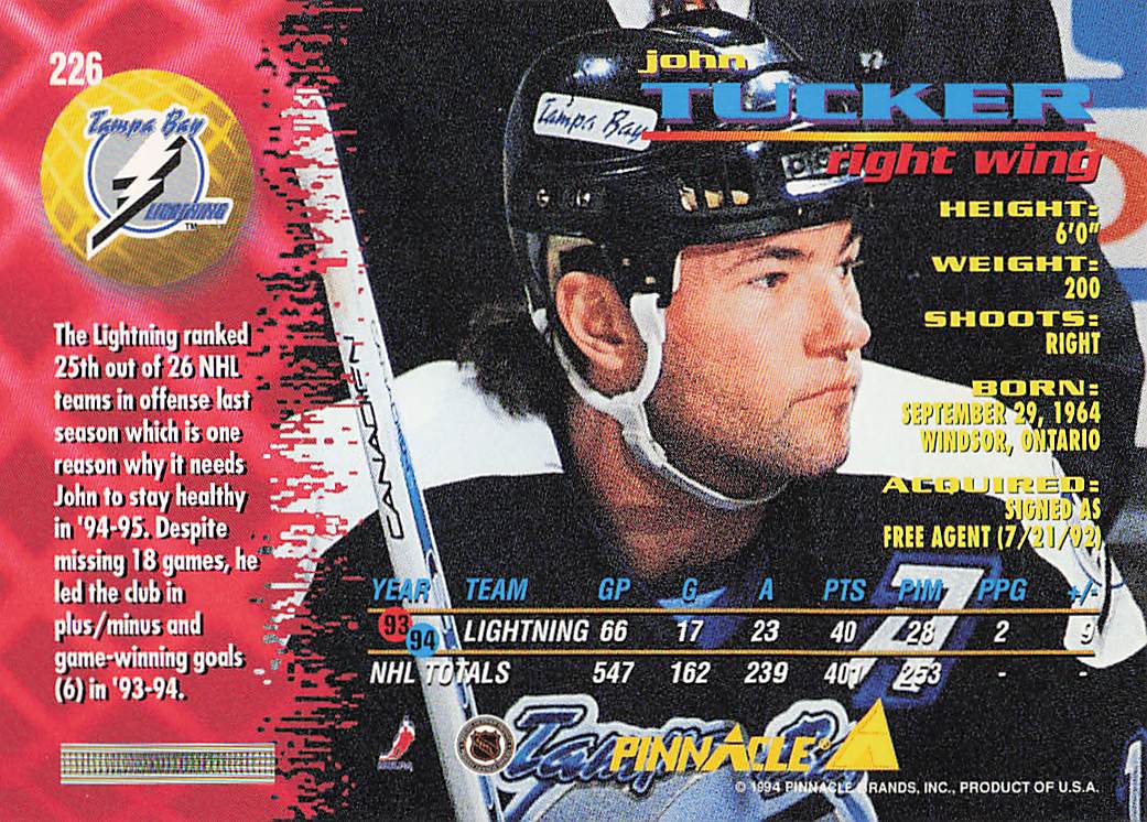 1994-95 Pinnacle Hockey John Tucker #226