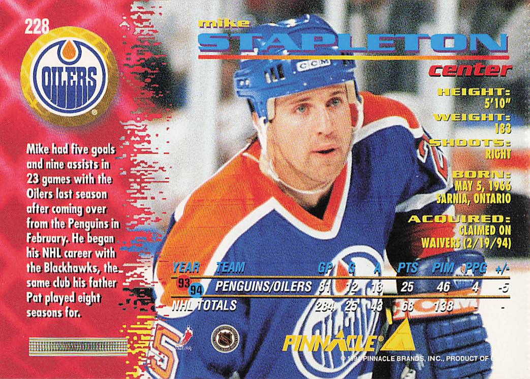 1994-95 Pinnacle Hockey Mike Stapleton #228 Rookie