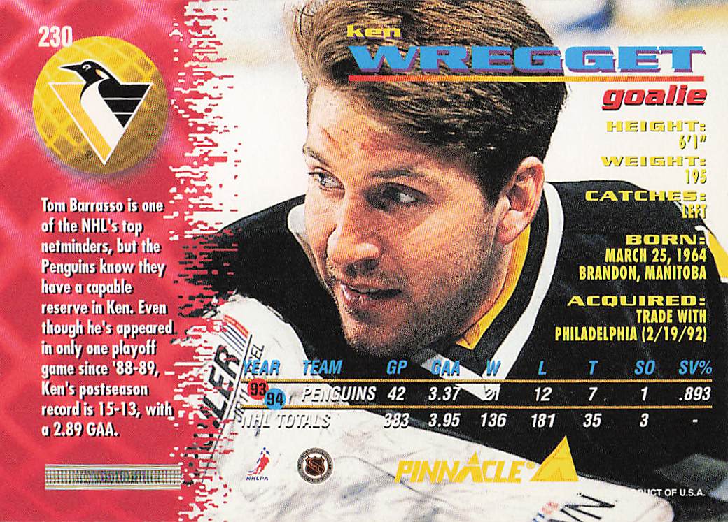 1994-95 Pinnacle Hockey Ken Wregget #230