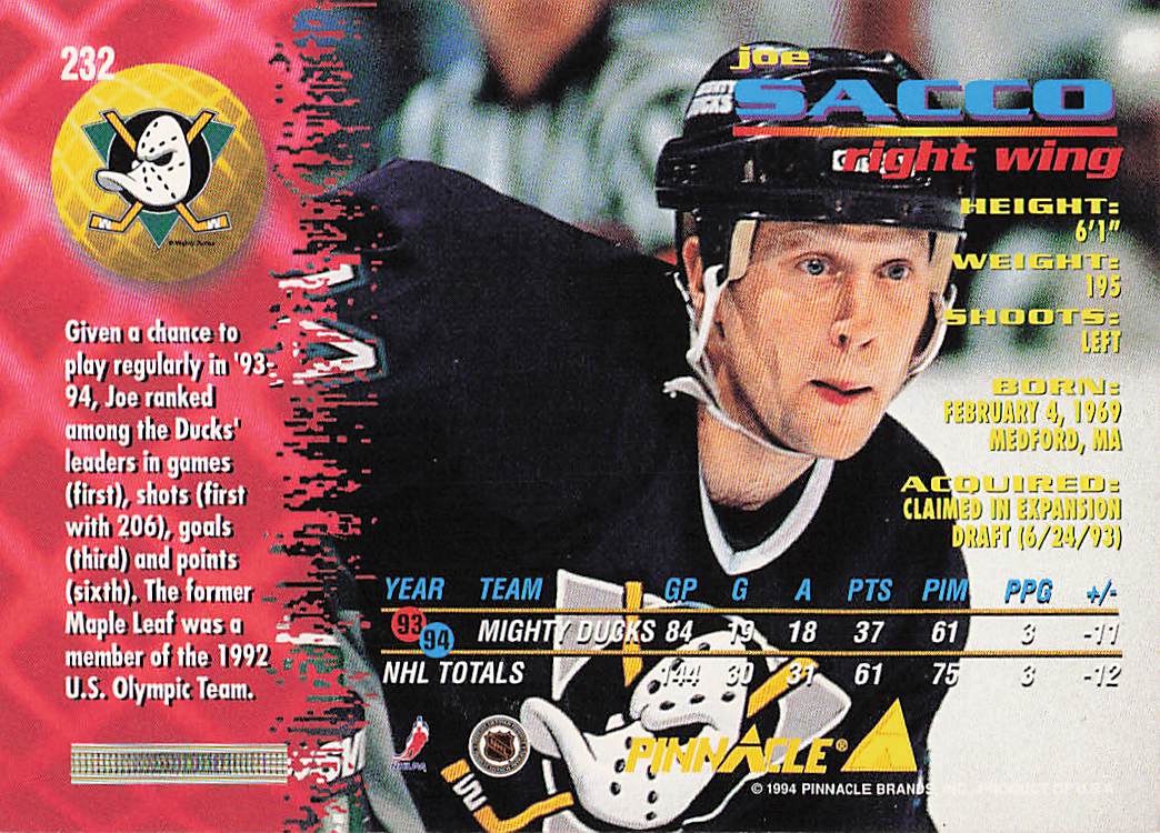 1994-95 Pinnacle Hockey Joe Sacco #232