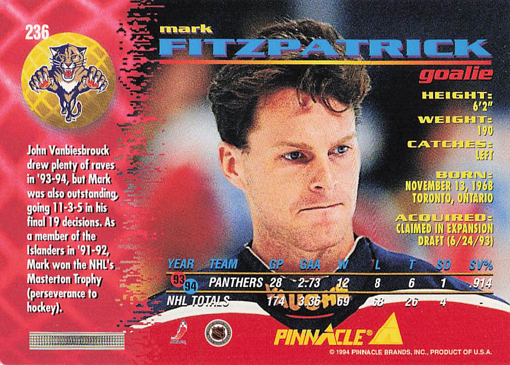 1994-95 Pinnacle Hockey Mark Fitzpatrick #236